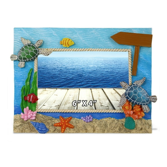 CoTa Global Sea Turtle 4x6 Nautical Frame - Colorful Nautical Sea Turtle Photo Frame for Summer Vacation Memory, Handmade Tropical Turtle Nautical Picture Frame For Tabletop or Wall Hang - 6 Inches