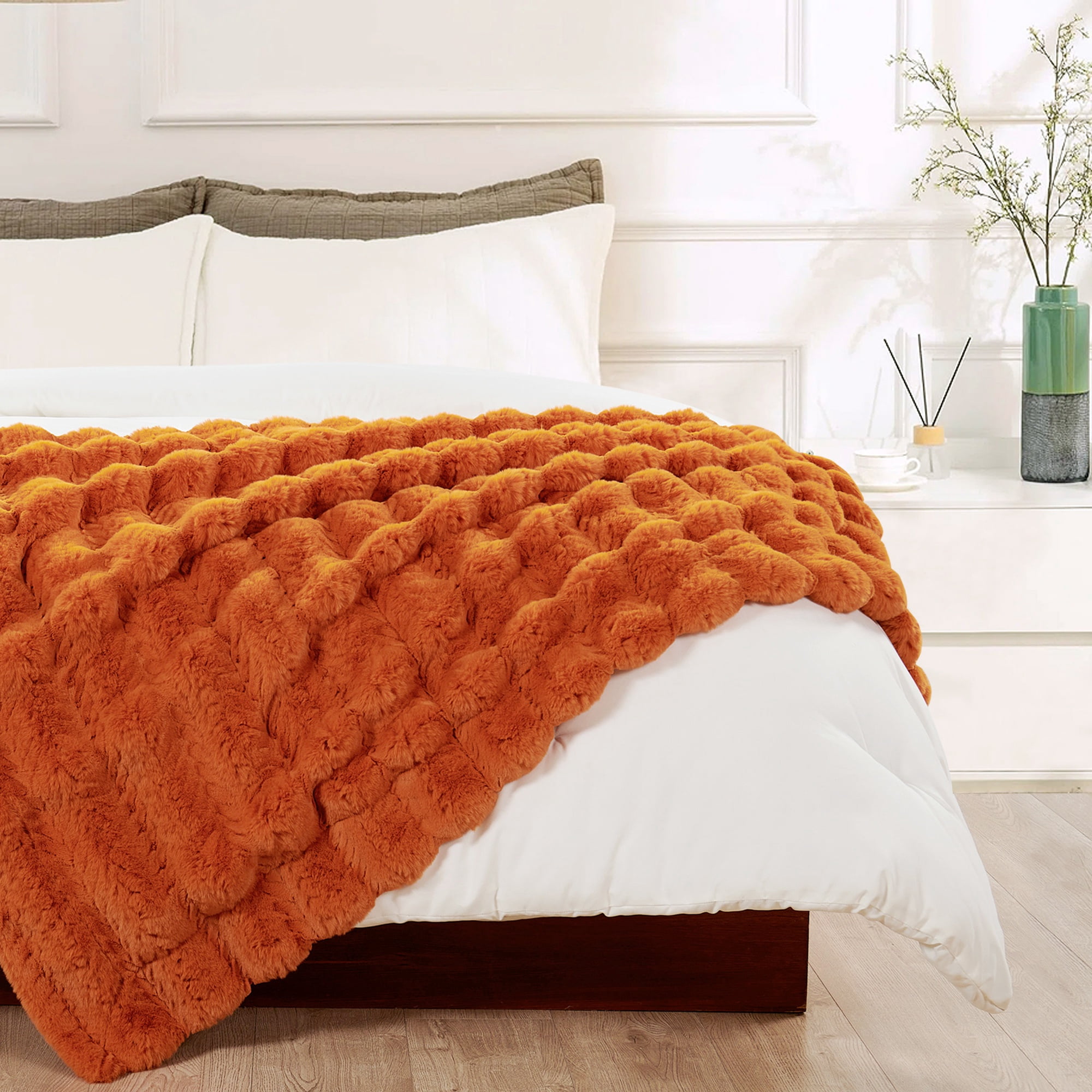 Home Soft Things Tread Pattern Faux Fur Throw Blanket with Micromink Back, Luxury Soft Cozy Plush Fluffy Fuzzy Reversible Thick Warm Throw Blanket, 50x60 inches, Burnt Orange