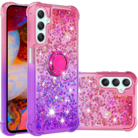 Glitter Case for Samsung Galaxy A54 5G for Women Girls, Bling Sparkle Colorful Gradient Quicksand Waterfall Soft TPU Liquid Case Cover with Ring Stand for Samsung A54 5G LSJB-Pink Purple