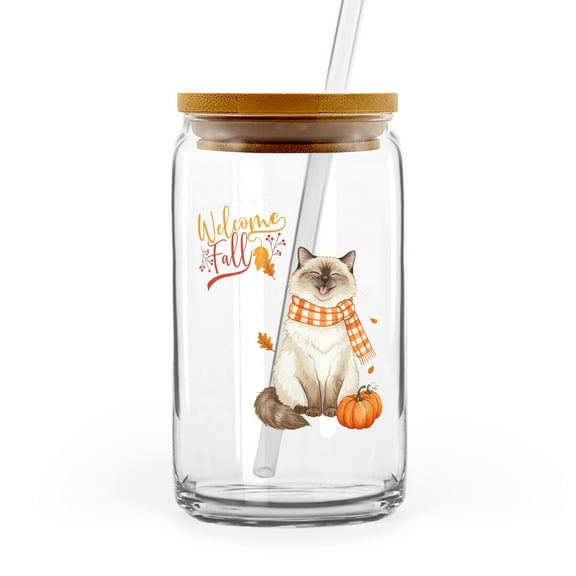 Welcome Fall Ragdoll Cozy Autumn Field Pumpkins Golden Leaves 16oz Glass Cup Mug Cat Lover Kitten Owner Gifts Idea Glass Can with Bamboo Lid and Straw - 12013