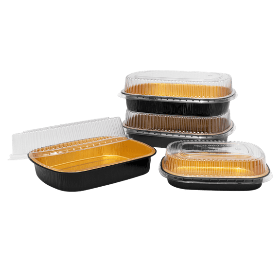 Karat 24 oz Black and Gold Aluminum Foil Take Out Pan with Clear PET Dome Lid - 100 Set