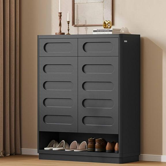 Wood Shoe Cabinet with 2 Drawers and Open Shelves, Tall Shoe Storage Cabinet with Doors and 4-Tier Shelves, Modern Entryway Shoe Rack, Shoe Storage Organizer for Entryway/Hallway/Closet, Black