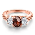 thumbnail image 3 of Gem Stone King 18K Rose Gold Plated Silver Red Garnet and White Topaz Filigree Style 3 Stone Ring for Women (2.73 Cttw, Oval 8X6MM and 6X4MM) (Size 8), 3 of 6