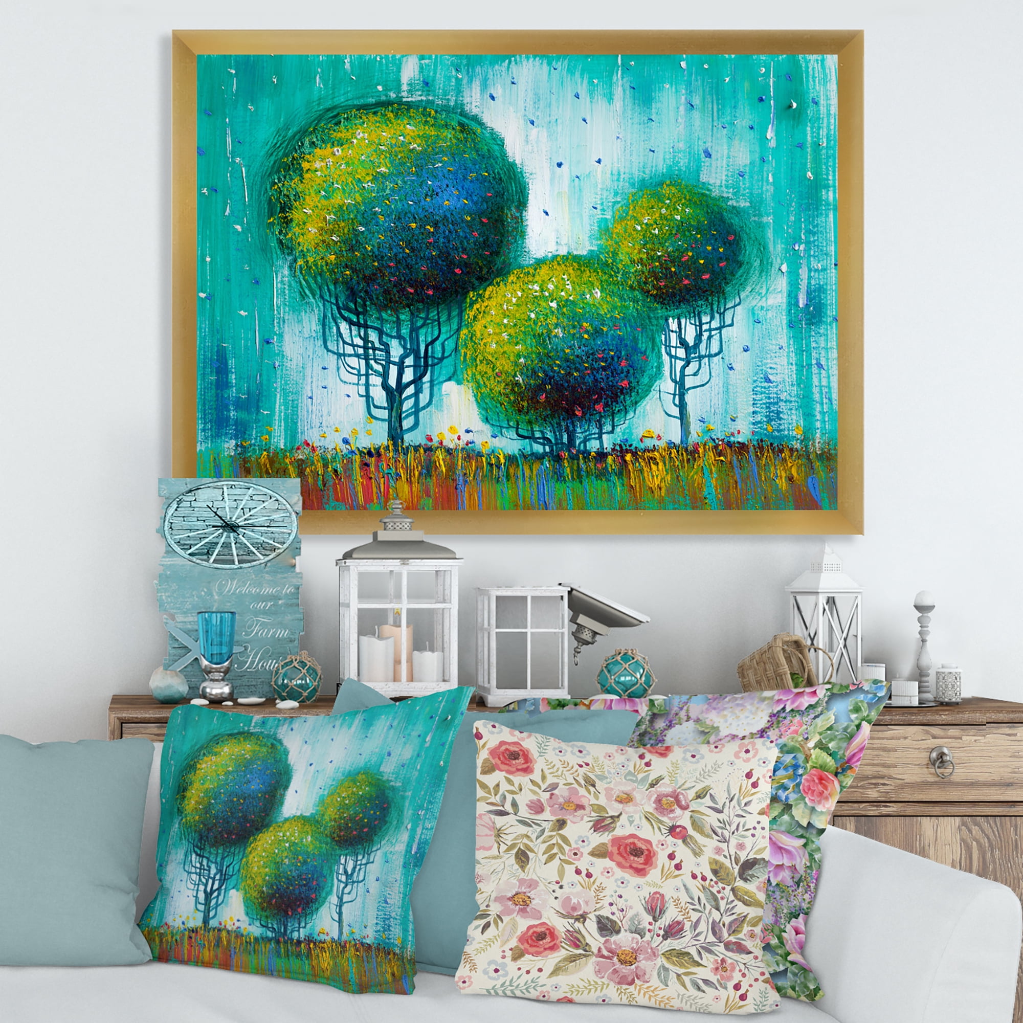 Designart 'Colourful Landscape Trees Impressionist II' Modern Framed Art Print