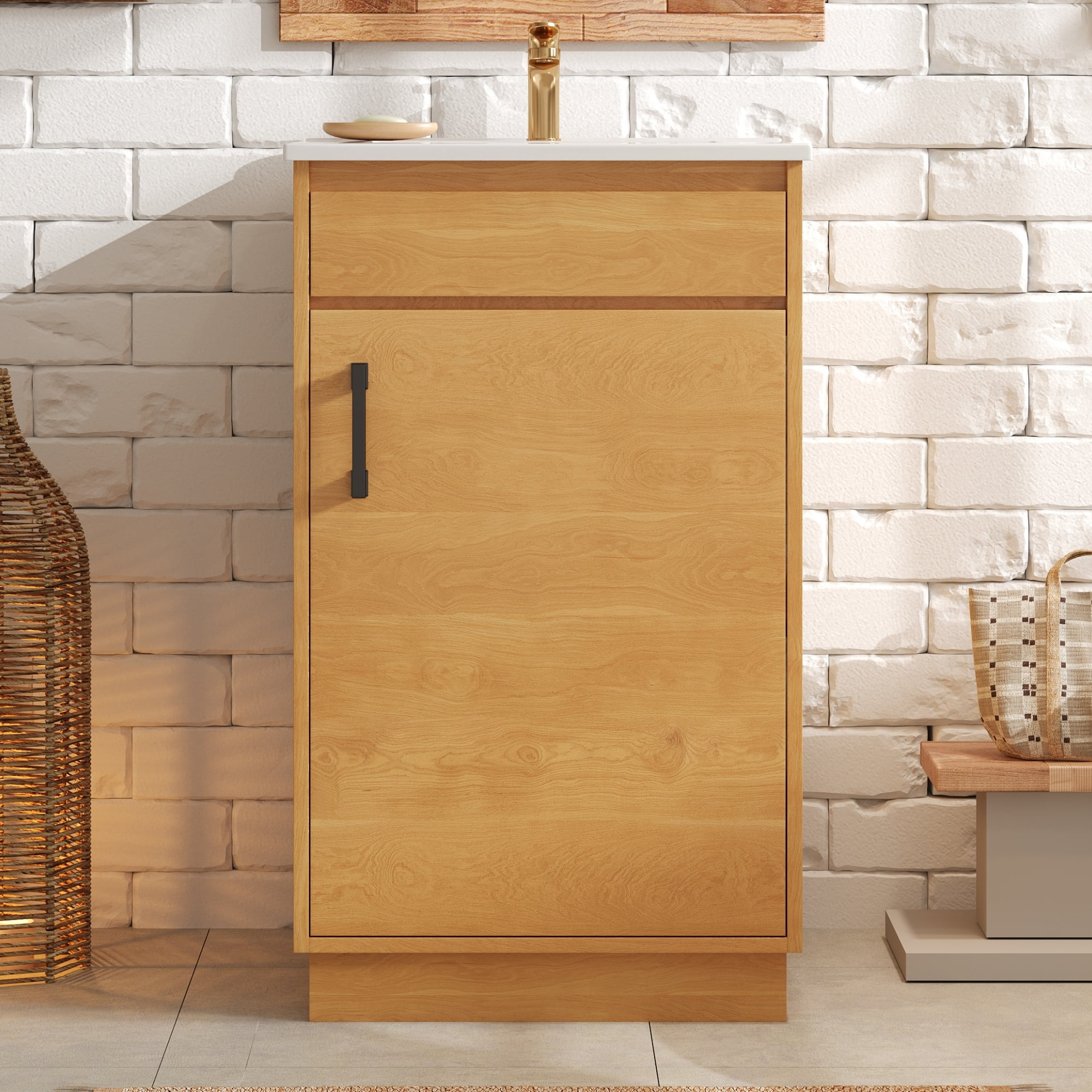 Harper & Bright Designs 20" Farmhouse Bathroom Cabinet with Sink, Freestanding Storage Cabinet with Adjustable Shelf, Single Sink Bathroom Vanity for Small Space, Natural Wood