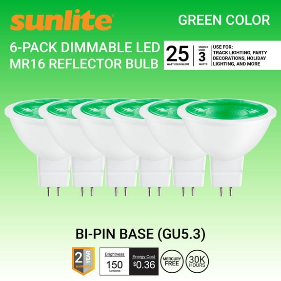 Sunlite LED MR16 Reflector Spotlight Bulb, 3 Watts (25W Halogen Bulb Equivalent), GU5.3 Bi-Pin Base, Non-Dimmable, Green, 6-Pack