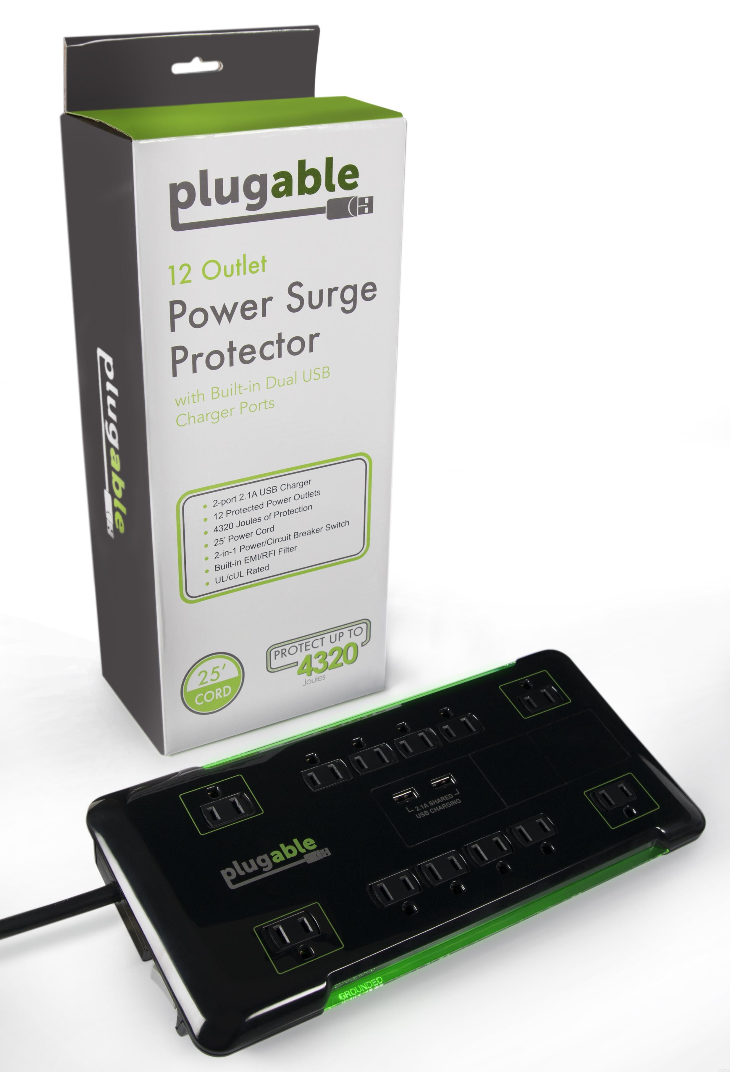 Plugable Surge Protector Power Strip with USB and 12 AC Outlets, Built-in 10.5W 2-Port USB Charger for Android, Apple iOS, and Windows Mobile Devices, 25 Foot Extension Cord