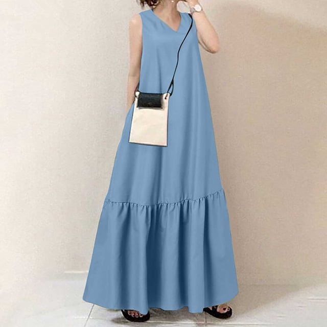Meichang Robes Longues Maxi Sans Manches pour Femmes 2025 Été Col en V Coton Lin Robes d'Été Évasées Coupe Ample Ourlet à Volants Longue Robe Femmes Robes d'Été Liquidation