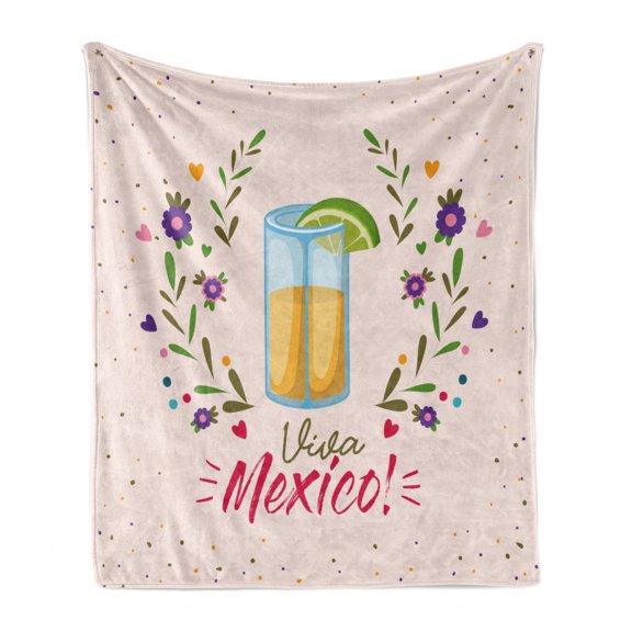 Tequila Soft Flannel Fleece Throw Blanket, Image of Shot Glass with Viva Mexico Lettering and Floral Branches, Cozy Plush for Indoor and Outdoor Use, 50" x 60", Multicolor, by Ambesonne