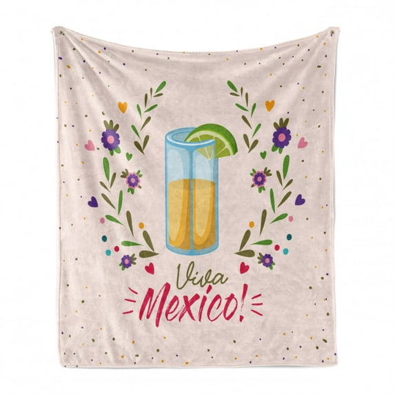 Tequila Soft Flannel Fleece Throw Blanket, Image of Shot Glass with Viva Mexico Lettering and Floral Branches, Cozy Plush for Indoor and Outdoor Use, 70" x 90", Multicolor, by Ambesonne