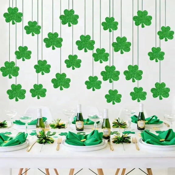 Dtchengua St. Patrick's Day Hanging Decorations, Green Clover Shamrock Party Supplies for Indoor Outdoor Wall, Fence, Porch - 24 Pieces