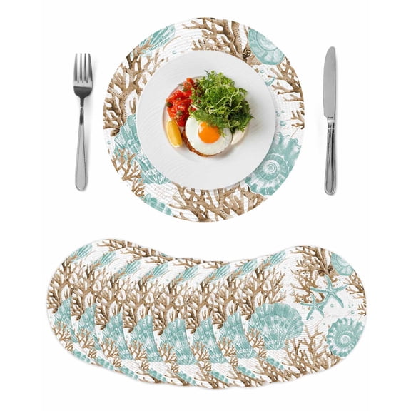 Green Coastal Seashells Round 13 Inch Placemats Set of 8, Nautical Brown Coral Starfish HeatResistant Non Slip Place Mats for Dining Table, Wipeable Braided Kitchen Table Mats for Housewarming