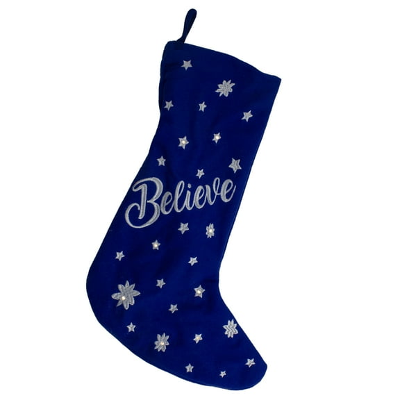 Northlight 18" LED Blue Stocking "Believe" with White Snowflakes