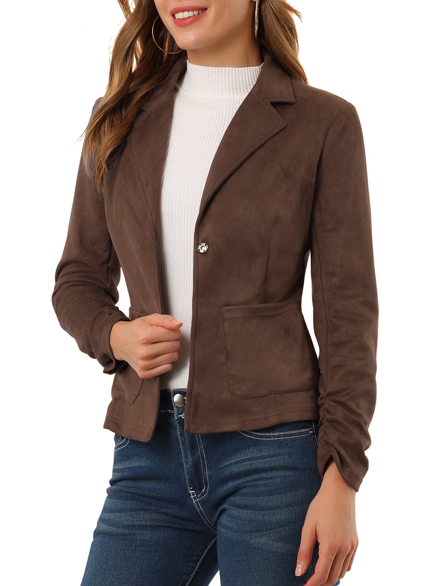 DARING DIVA Women's Long Sleeve Open Front Faux Suede Blazer S Brown