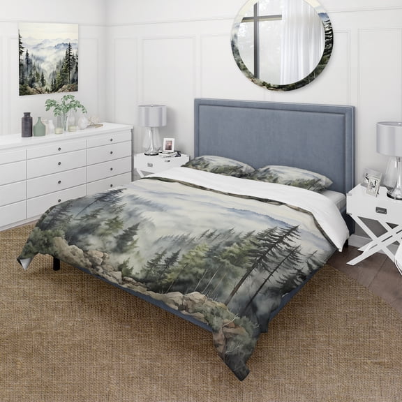Designart "Misty Mountain Pinescape I" Floral Bedding Covert Set - Tree Pine Green Traditional Bed Set With 2 Shams