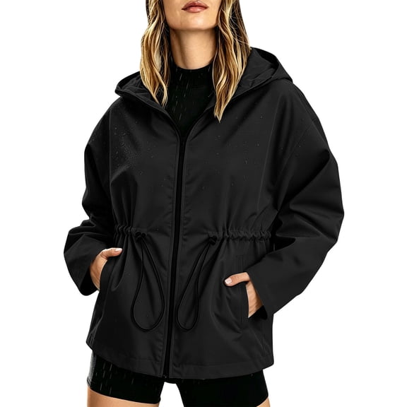 XPMWRP Women's Cinched Waist Hooded Windbreaker Water Resistant Zip Up Short Jacket Drawstring Hem Pockets for Hiking Daily Casual Outdoor Wear Black XXXL