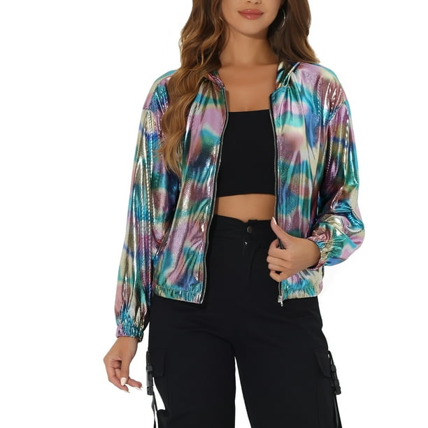 Chaqueta Brillante de Mujer Inspire Chic de Manga Larga Ligera con Cremallera y Capucha, Chaqueta Metálica S Multicolor-Cuadrado