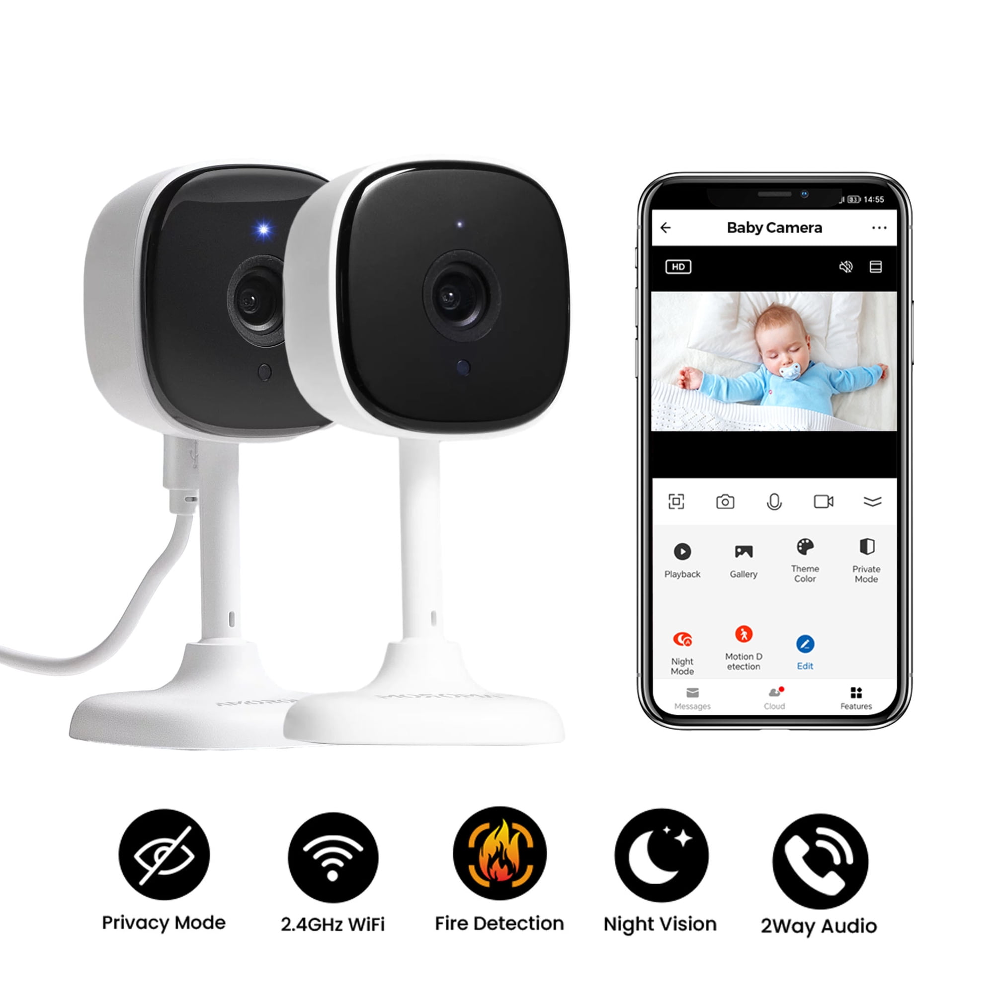 Amorom Indoor Camera for Home Security 2 Pack, 1080p Baby Monitor with Motion Detection(2.4GHz Wifi)