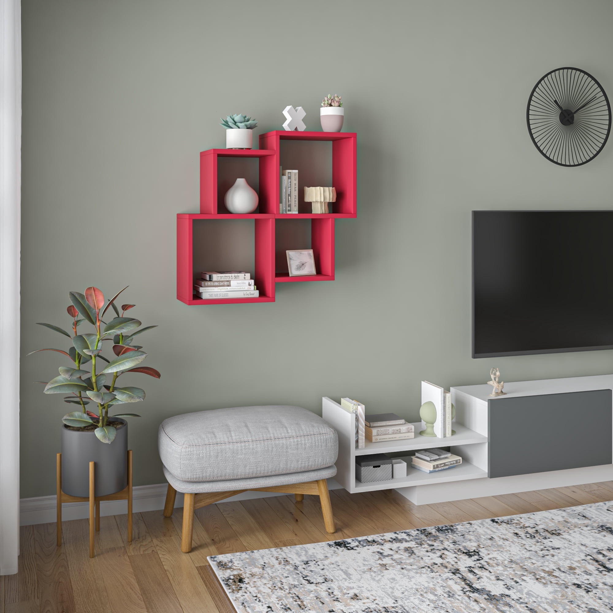 Ada Home Decor Furniture 39.37" 2 Tier Burgundy Watkins Modern Wall Shelf