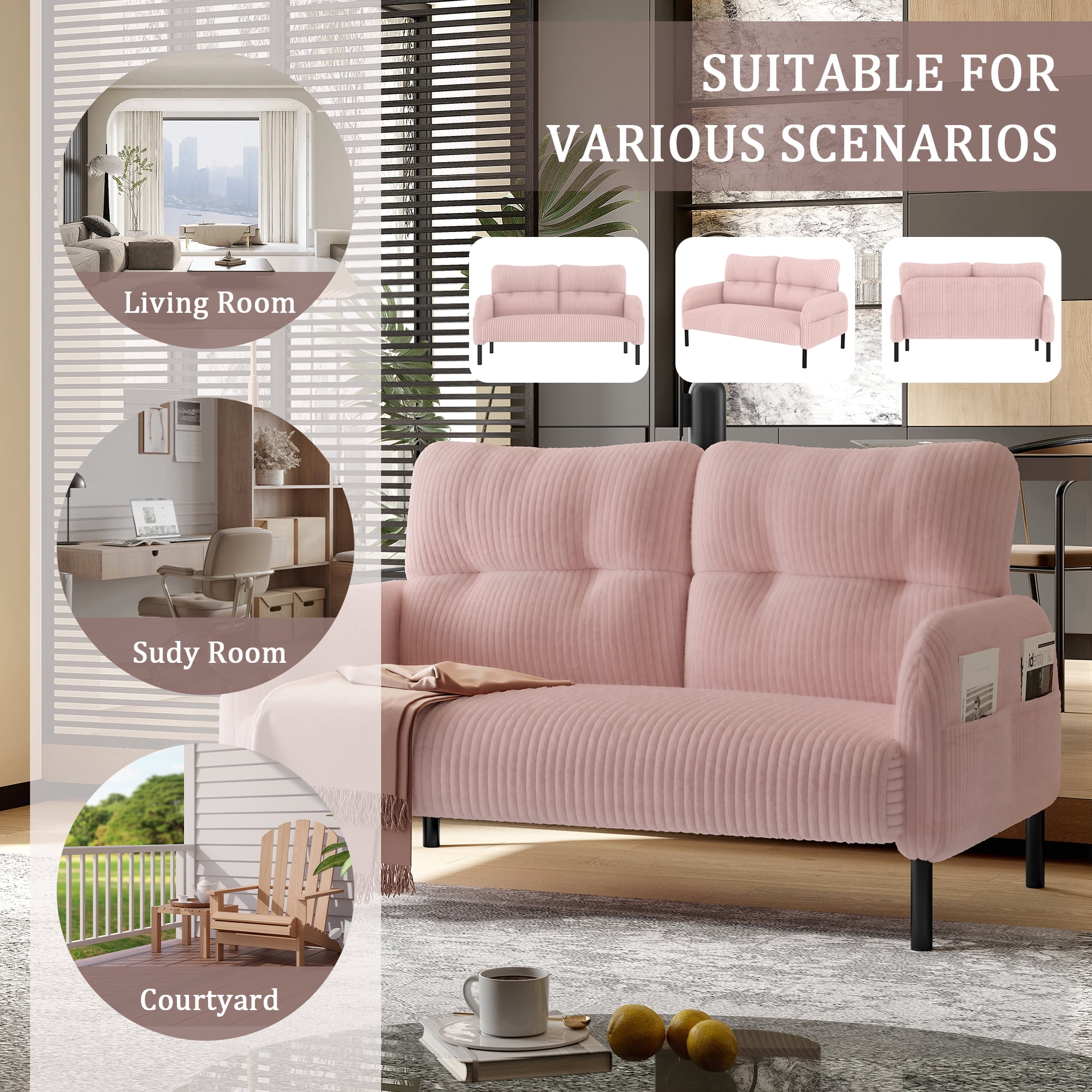 Sofa for Living Room, Corduroy Sofa, Double Seater Sofa with Side Pockets and Ergonomic Support, High Density Foam, Modern Monochrome Design, Pink Corduroy Fabric
