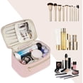 thumbnail image 2 of Travel Makeup Bag, Portable Cosmetic Bags Make Up Organizer for Women with Handle, Men Toiletry bag for Brushes, PU Leather, for Gift, Pink, 2 of 7