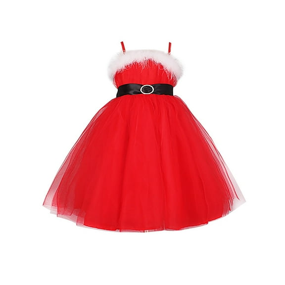 iEFiEL Kids Girls White Boa Merry Christmas Fully Lined Tulle Dress Party Costume Red 2-3