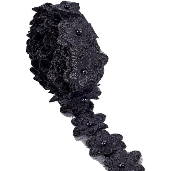 1 pc 4 Yards(3.66m) Pearl Trim Organza Lace Ribbon 1.67 Inch Black Organza Flower Trim 3D Embroidered Applique Fabric for Sewing Craft Wedding Bridal Dress Clothes Embellishment