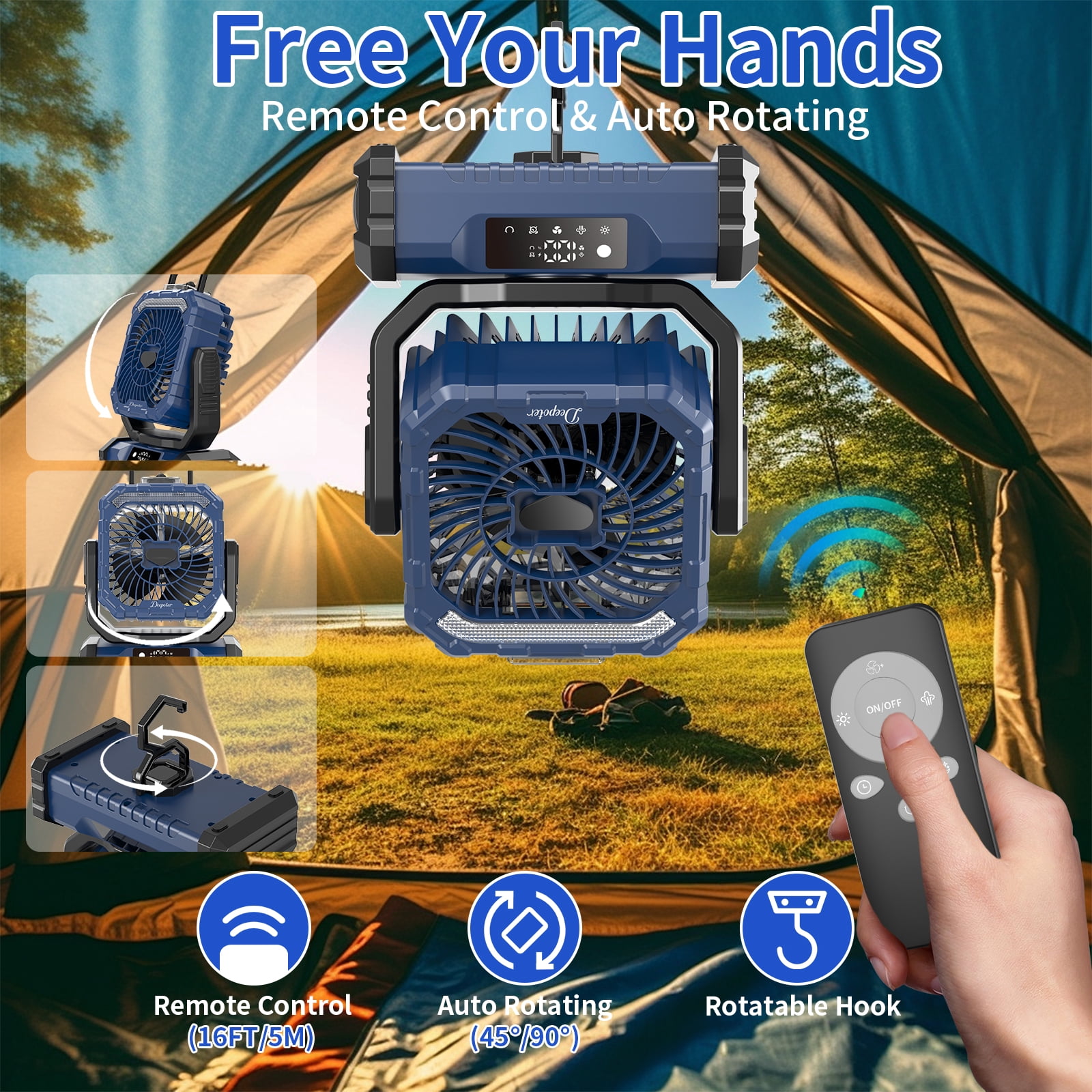 Camping Fan with LED Light, 20000mAh Battery Operated Rechargeable Camping Misting Fan with Hanging Hook, Outdoor Tent Cooling Mist Fans for Home, Office, Car RV, Garden, Travel, Beach - Blue