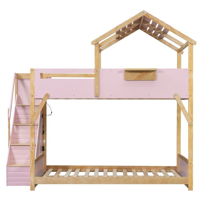 Full Over Full House Bunk Bed with Stairs, 3-Color LED Lights, Built-in Storage Panel, Wood House Bunk Bed Frame for Kids Teens, No Box Spring Needed