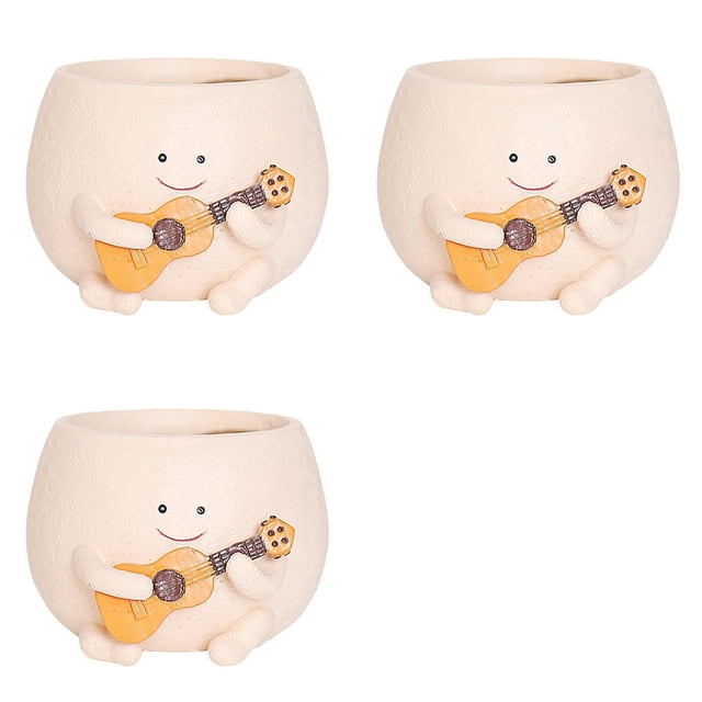 3X Maceta con Cara Sonriente y Orificio de Drenaje, Resina para Cuerdas de Plantas, Macetas Suculentas de Guitarra Únicas para Interiores