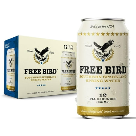 Free Bird Southern Sparkling Spring Water - 12 Pack, 12oz Cans, Zero Calories, Unflavored Carbonated, Crisp & Bubbly, Blue Ridge Mountain, Shelf-Stable Sparkling Drink
