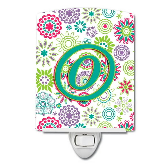 Caroline's Treasures CJ2011-OCNL Letter O Flowers Pink Teal Green Initial Ceramic Night Light, 6x4x3", multicolor
