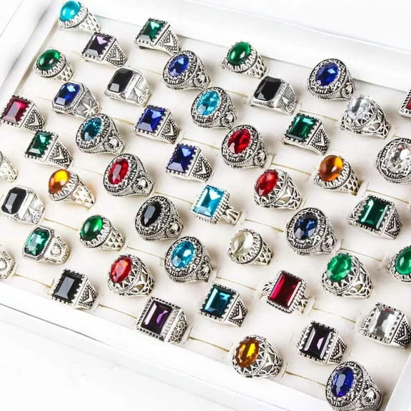 HOOUN Wholesale 50pcs/Lot Vintage Silver Women Mix Style Gemstone Jewelry Wedding Ring