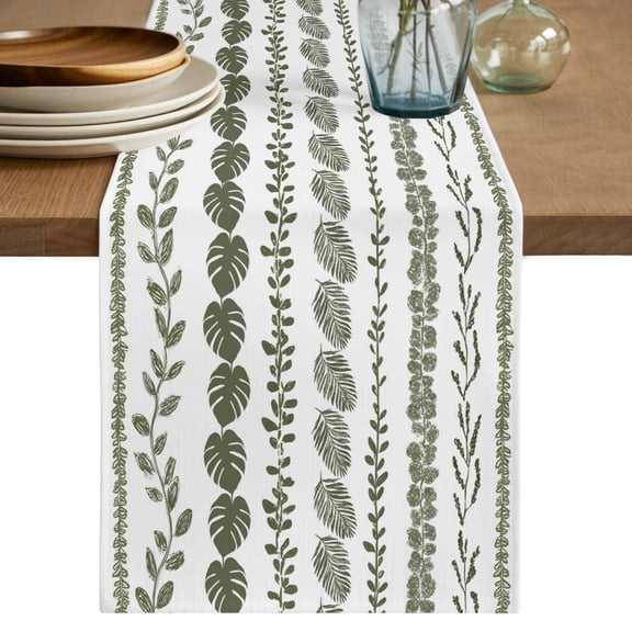 Table Runner 36 Inches Long, Dark Sage Green Botanical Decorative Table Runner for Party Wedding Home Decor, Summer Botanical Leaf Vertical Stripes Dresser Scarves for Kitchen Tables 13x36 Inch