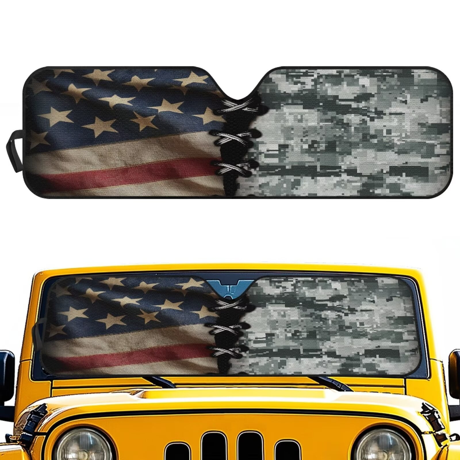 Binienty American Flag Gray Camo Car Sun Shade Windshield for Jeep Wrangler Gladiator FJ Cruiser Folding Sun Shade Windshield Automotive Accessories Interior Protector Heatshield Easy to Install