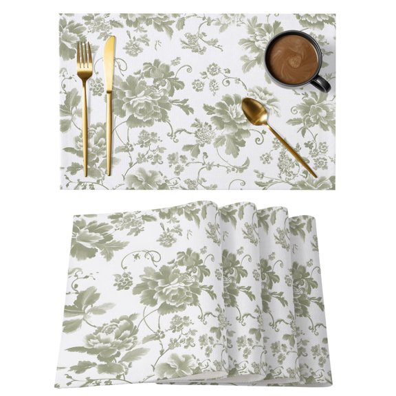Flower Placemats Set of 6, Rustic Moss Green Floral Petals Stems Leaves Botanical Non-Slip Place Mats Washable Table Mats for Kitchen Dining Table Decorations Indoor/Outdoor