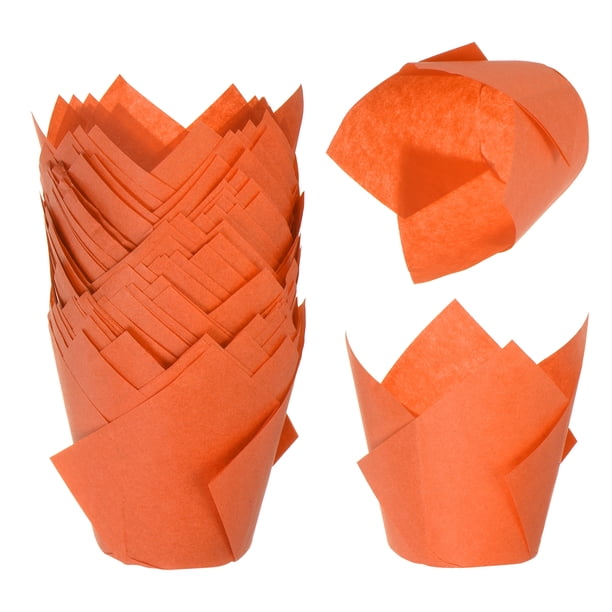 Uxcell Moldes de papel para hornear Tulip de 3.1 pulgadas para cupcakes y muffins, envolturas desechables para bodas, 50 Pcs Naranja