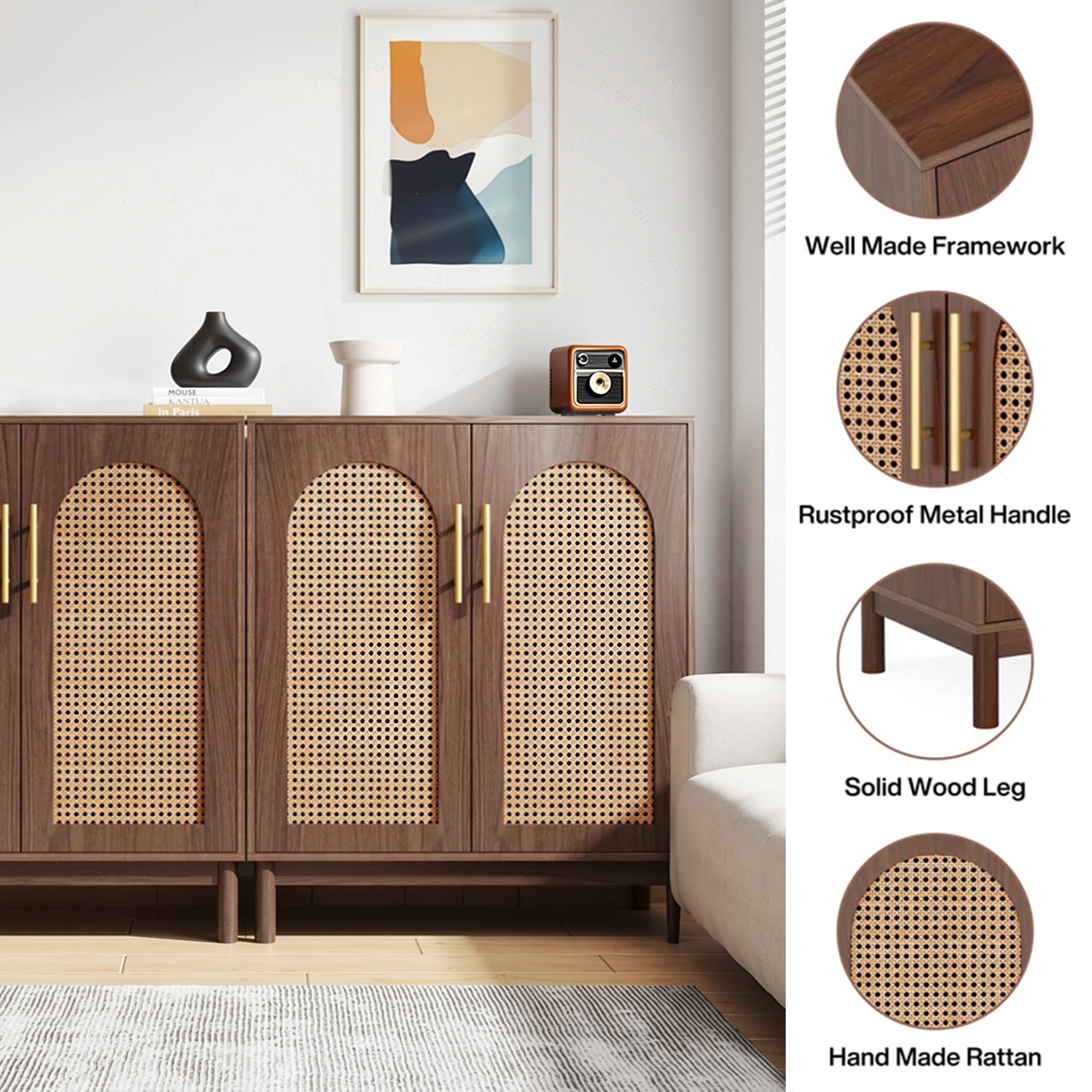 MAYEERTY Set of 2 Rattan Sideboard Buffet Cabinet, Handmade Natural Rattan Door Storage Credenza, MDF Wood Coffee Bar TV Console for Dining Living Room