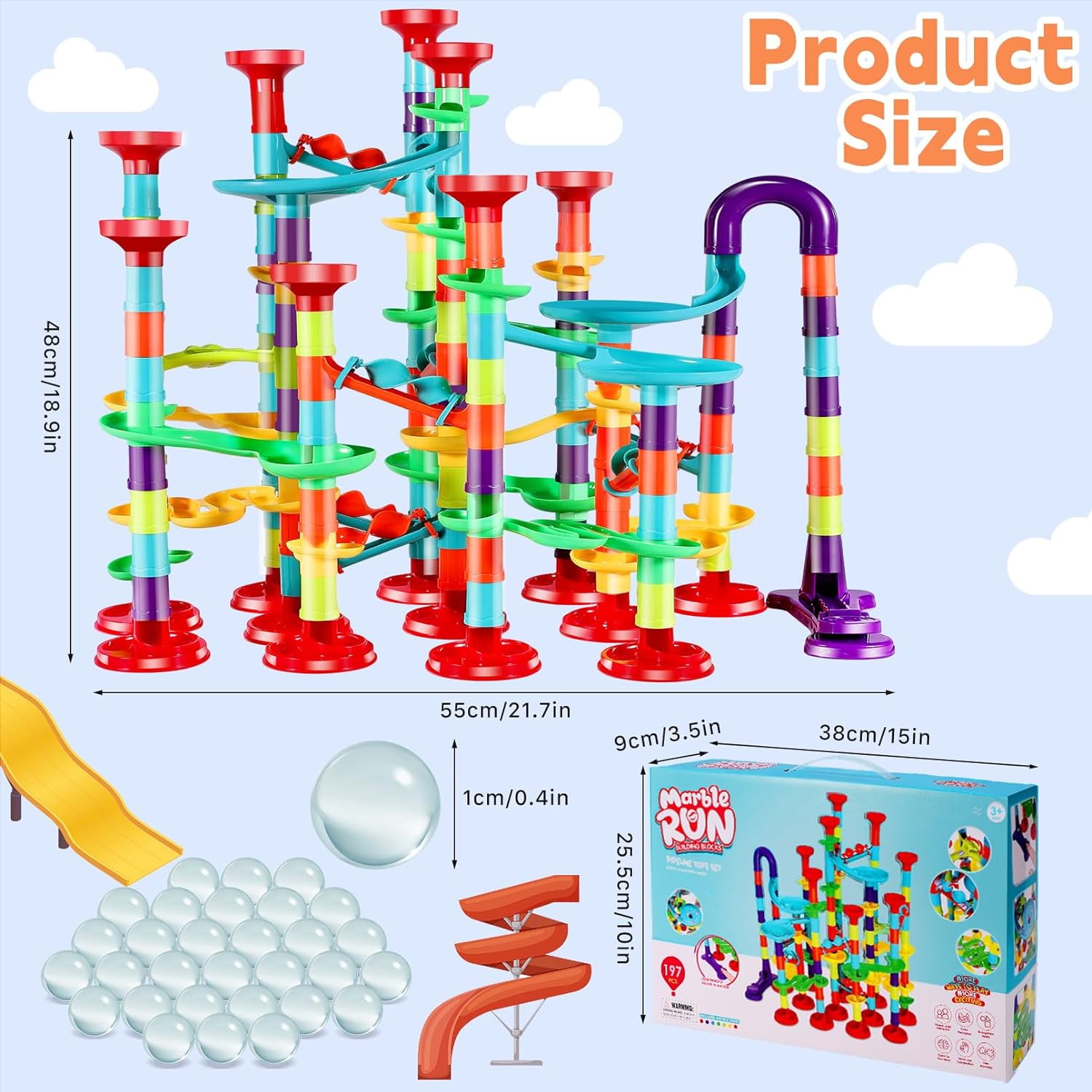 197Pcs Marble Run,Marble Maze Game Construction Building Blocks Toys for Kids,Marble Track Game Educational Learning Toy for Boys Girls Birthday Gifts(147 Parts+ 50 Glass Marbles)