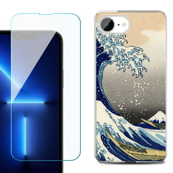 For For iPhone 16e Phone Case Cover, Shockproof Case with Tempered Glass Screen Protector, by OneToughShield - Great Wave