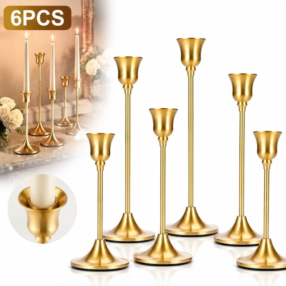 Deally 6 Piece Brass Taper Candle Stick Holders Gold Vintage Style Decorative Candlestick Set for Table Mantel Wedding Centerpiece Housewarming Gift