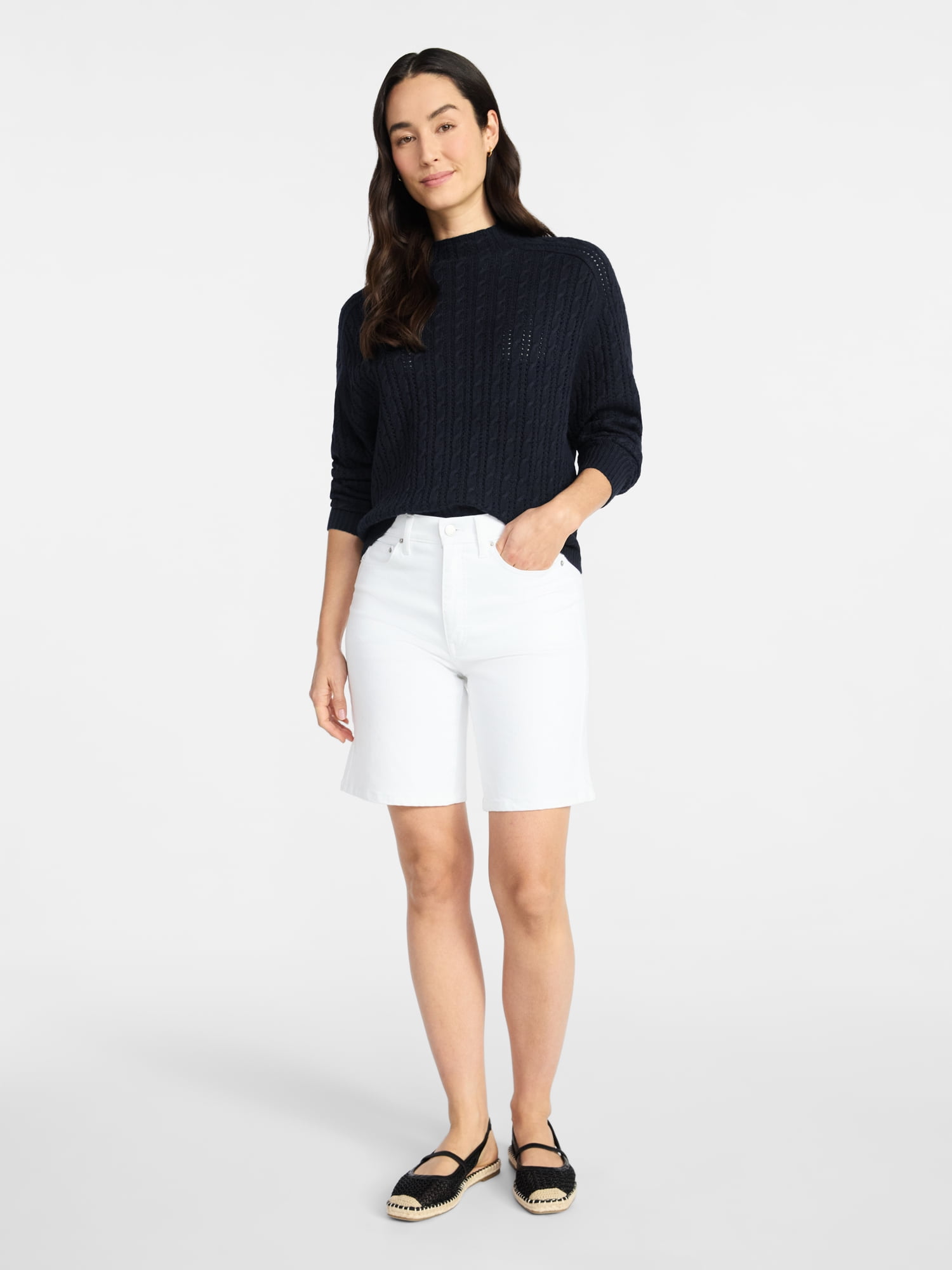 Time and Tru Women's Pointelle Mock Neck Pullover Sweater with Long Sleeves, Lightweight, Sizes XS-XXXL
