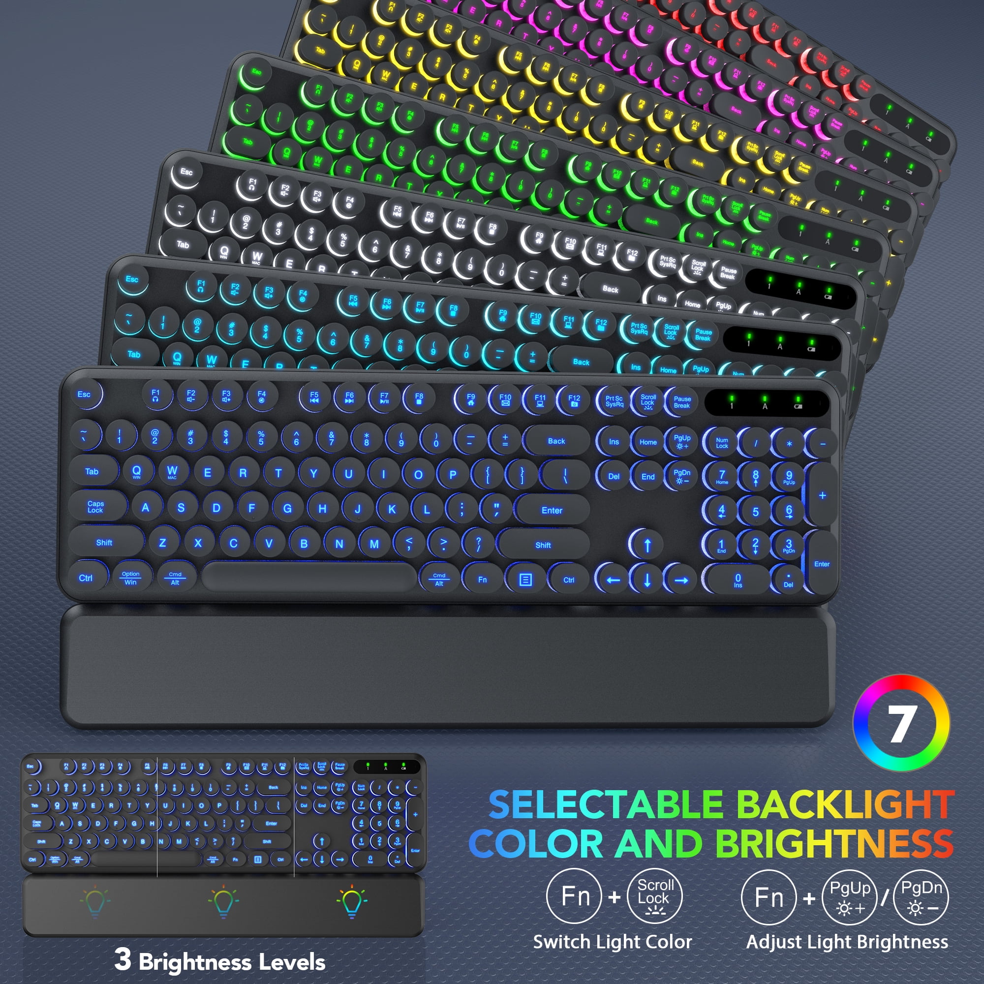 Wagpak Wireless Keyboard and Mouse Backlit - Retro Round Keycaps, Detachable Wrist Rest, Black, New, 1 Count
