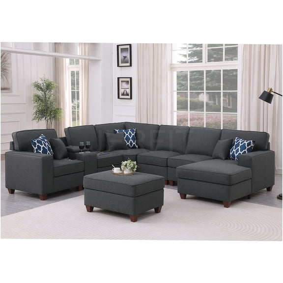 JERFIT Modern 8-Piece Upholstered Sectional Sofa Set with Ottoman and USB Charging, Dark Gray Linen Fabric for Living Room
