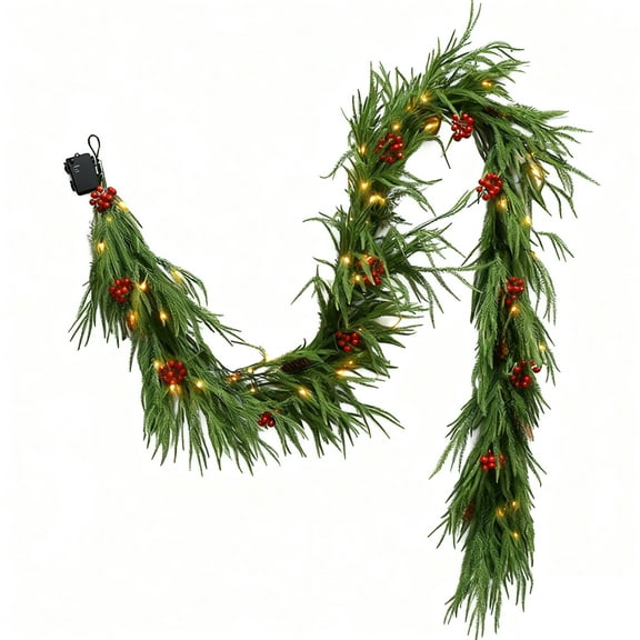 6ft Pre-Lit Artificial Pine Garland with Red Berries - Real Touch Christmas Greenery for Indoor & Outdoor Decor