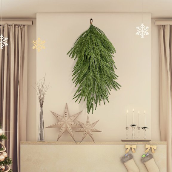 QLUEWX Artificial Pine Needle Wall Hanging Vine, 25.19 Inch Green Christmas Teardrop Swag for Front Door Wall Holiday Decor