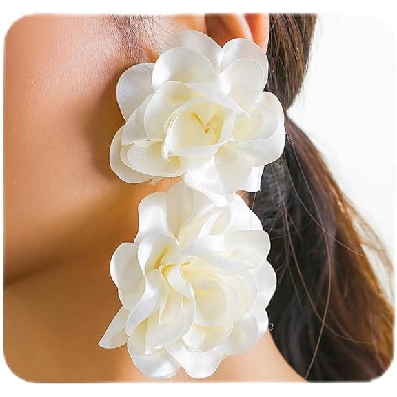 Large Flower Earrings for Women Vintage Floral Drop Dangle Earrings Long Fabric Flower Statement Earrings Trendy Wedding Party Jewelry Accessories