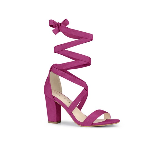 BLISSFUL STEP Women's Sandals Solid Color Mid Block Heels Lace up Sandals Hot Pink 7
