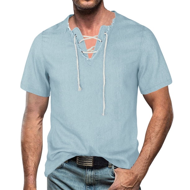 Camiseta de denim con cuello en V para hombre: camiseta de manga corta con flecos, diseño moderno, versátil para el trabajo o las vacaciones, tallas disponibles de la S a la XXXL