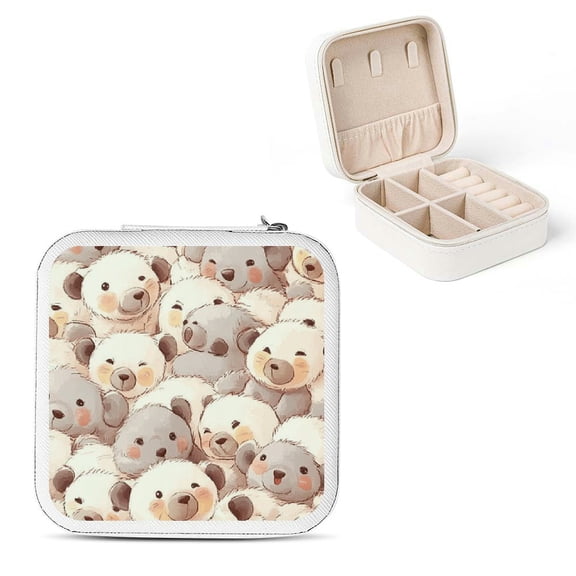 ZFLMY Teddy Bears Expressions PU Leather Jewelry Box Compact Organizer White